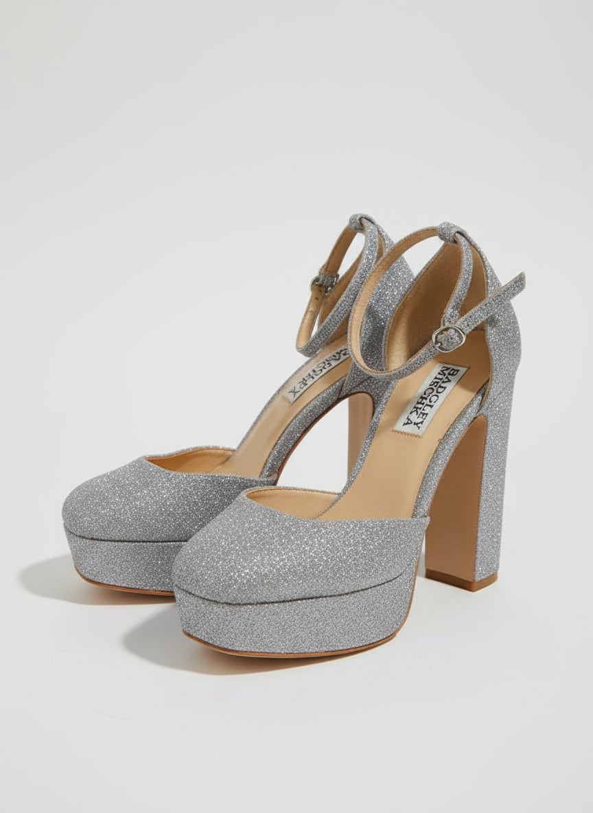 PRE-OWNED SIZE 5.5 Badgley Mischka Jayda Platform Heels Satin