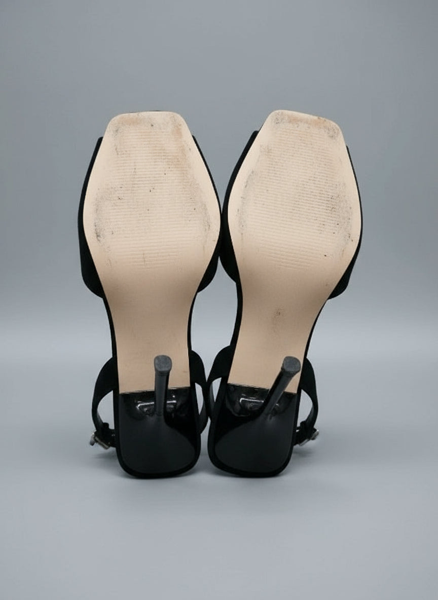 PRE-OWNED SIZE 7.5M Steve Madden Women’s Black Suede Strappy Heels Square Toe Ankle Strap