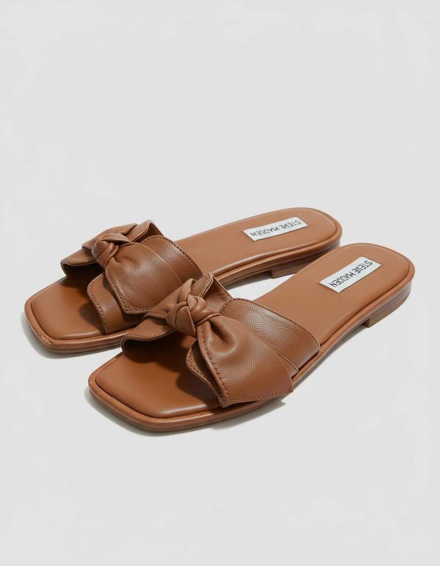 PRE-OWNED SIZE 9 Steve Madden Brown Leather Bow Slide Sandals Women’s