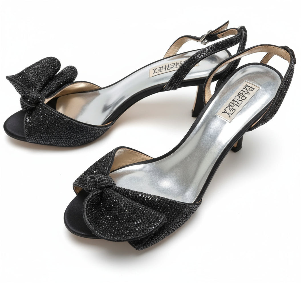 PRE-OWNED SIZE 8 Badgley Mischka Women’s Black Bow Crystal Ankle Strap Heels Evening...