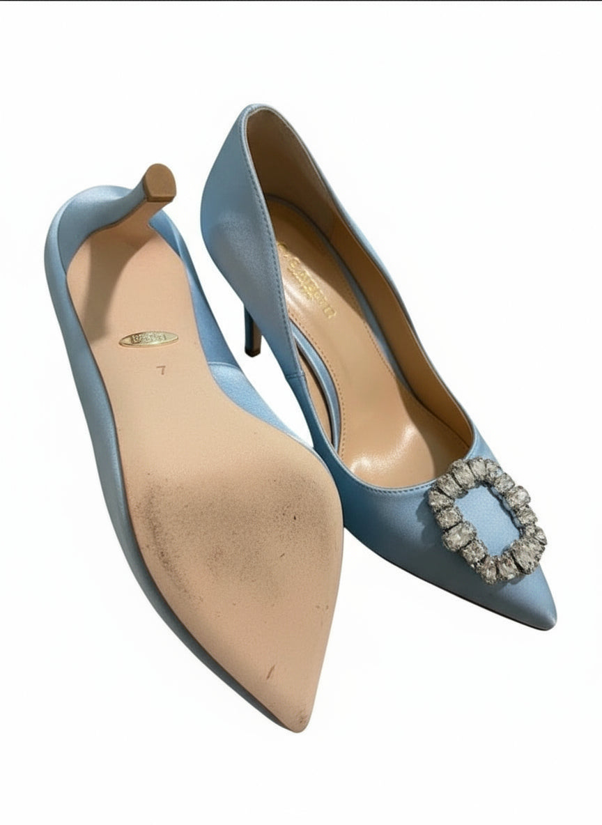 PRE-OWNED SIZE 7 Badgley Mischka Blue Satin Rhinestone Buckle Heels Pumps Bridal...