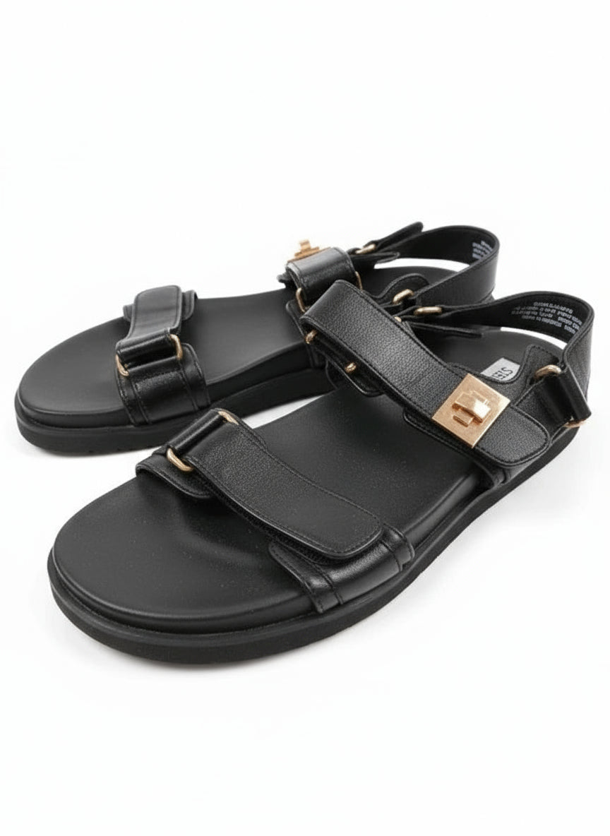 PRE-OWNED SIZE 10M Steve Madden Mona Black Leather Strappy Sandals Gold Buckle Women’s