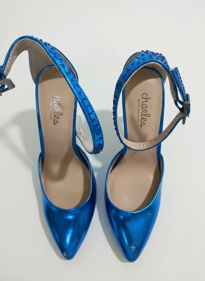 PRE-OWNED SIZZE 6.5M Charles by Charles David Poison Blue Metallic Rhinestone Ankle Strap Heels