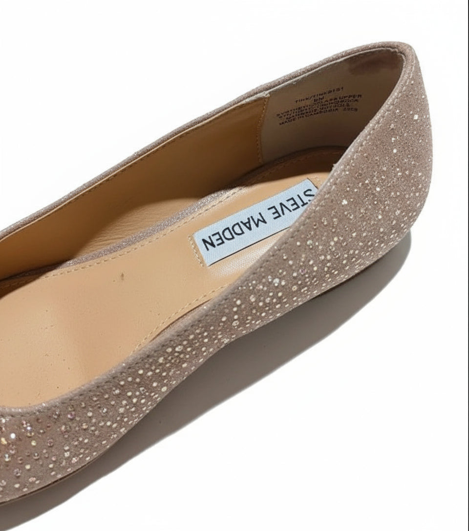 PRE-OWNED SIZE 8M Steve Madden Tink Flats Glitter Pointed Toe Jeweled Buckle Dress Shoes
