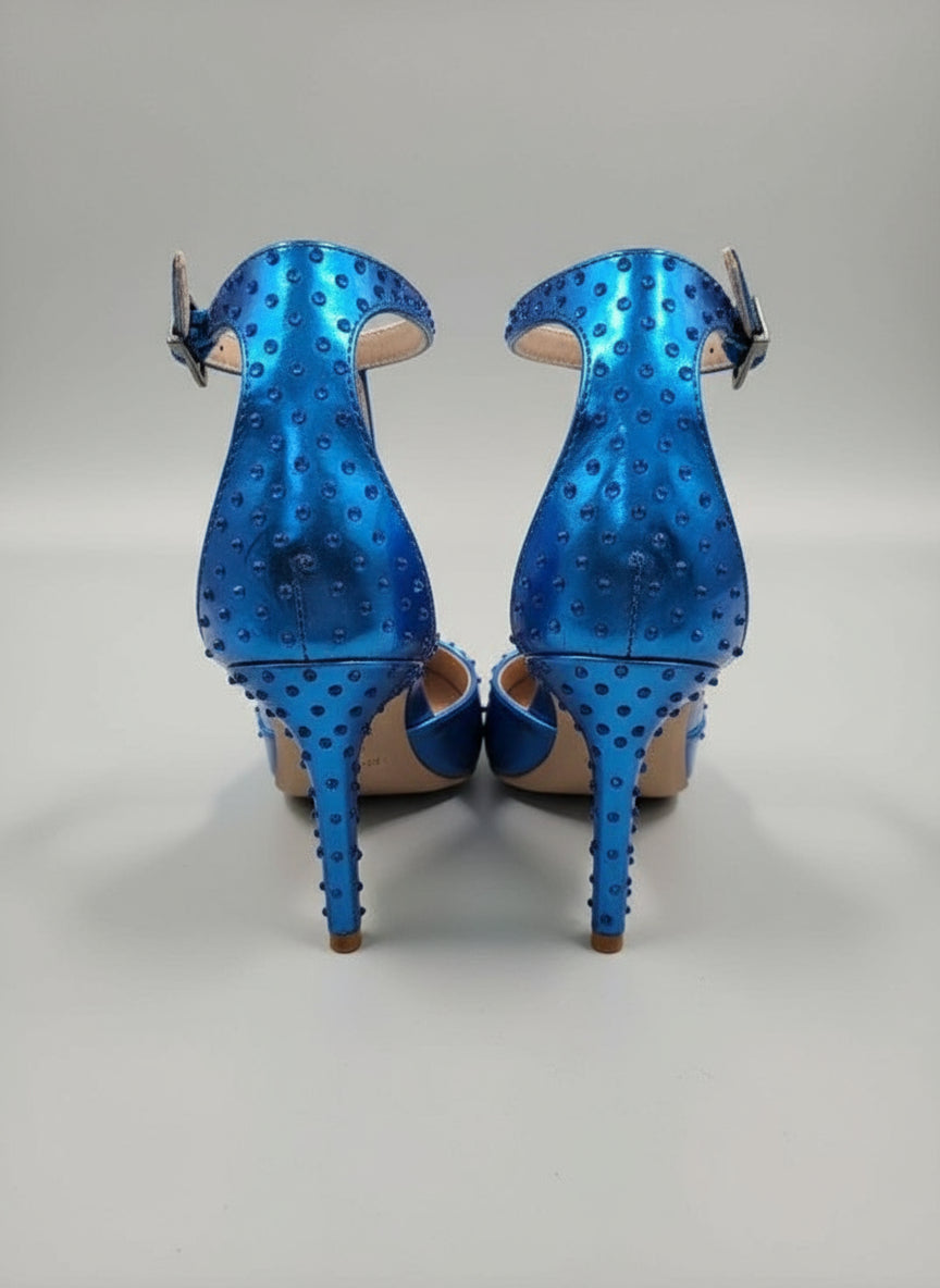 PRE-OWNED SIZZE 6.5M Charles by Charles David Poison Blue Metallic Rhinestone Ankle Strap Heels