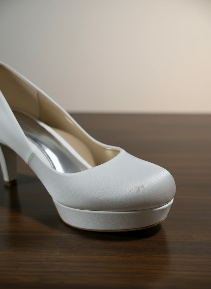 PRE-OWNED SIZE 9 Badgley Mischka White Satin Pearl Ankle Strap Heels Bridal Wedding Shoes