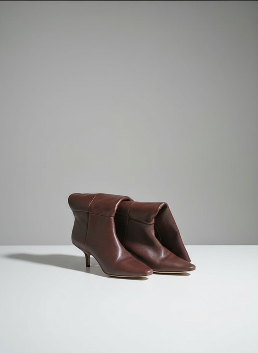 PRE-OWNED SIZE 6.5M Steve Madden Ally Calf High Boots Brown Leather Women’s Kitten Heel