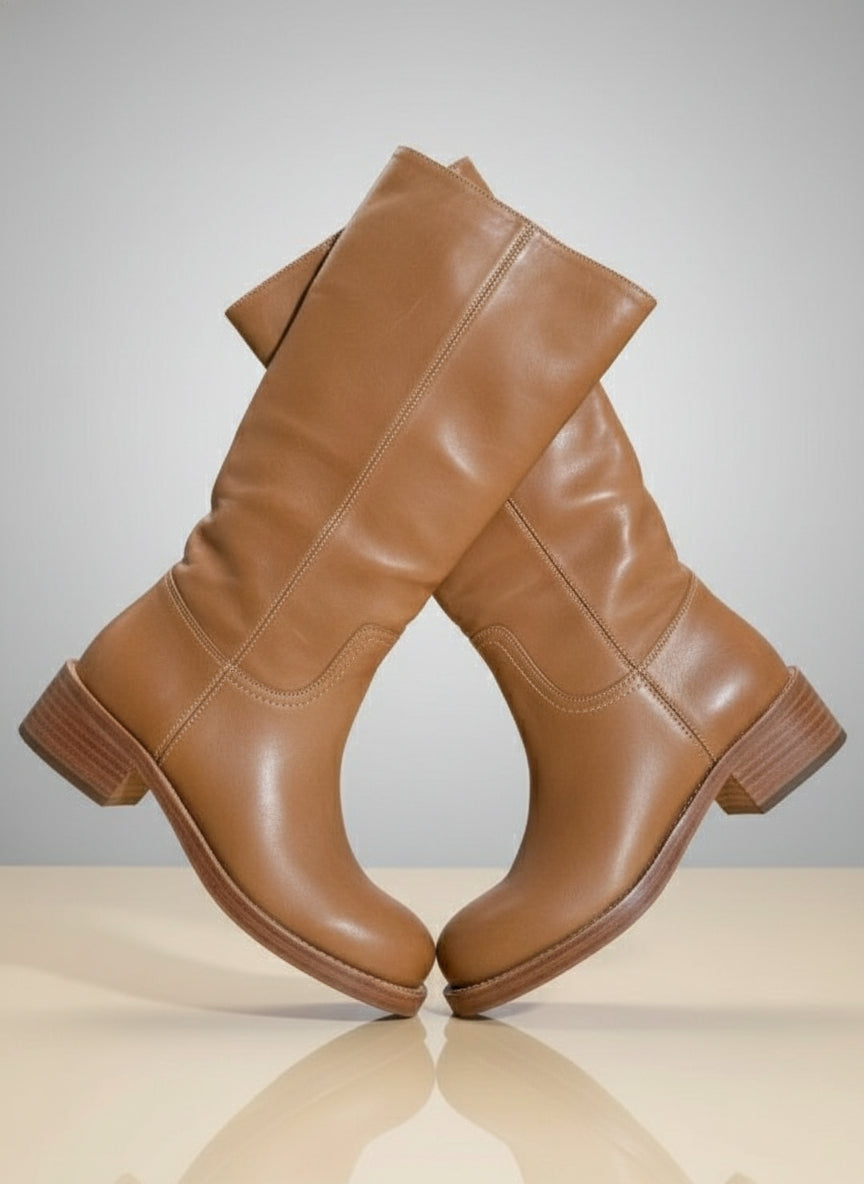 PRE-OWNED SIZE 7.5 Steve Madden Riggs Banana Leather Boots Mid-Calf