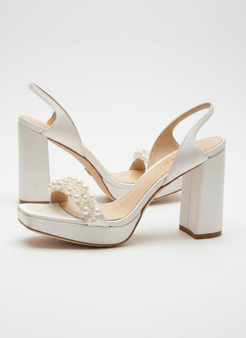 PRE-OWNED SIZE 7.5 Badgley Mischka Calida Satin Block Heel with Pearl