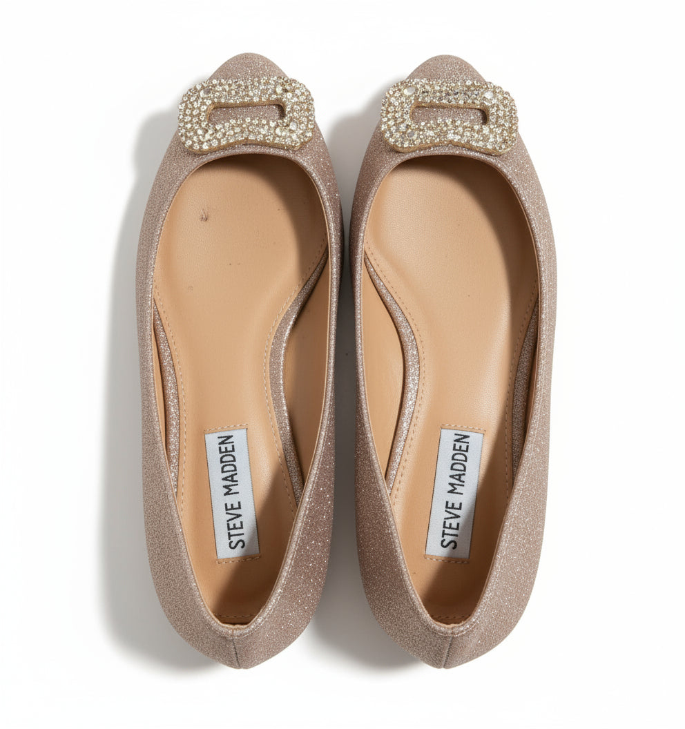 PRE-OWNED SIZE 8M Steve Madden Tink Flats Glitter Pointed Toe Jeweled Buckle Dress Shoes