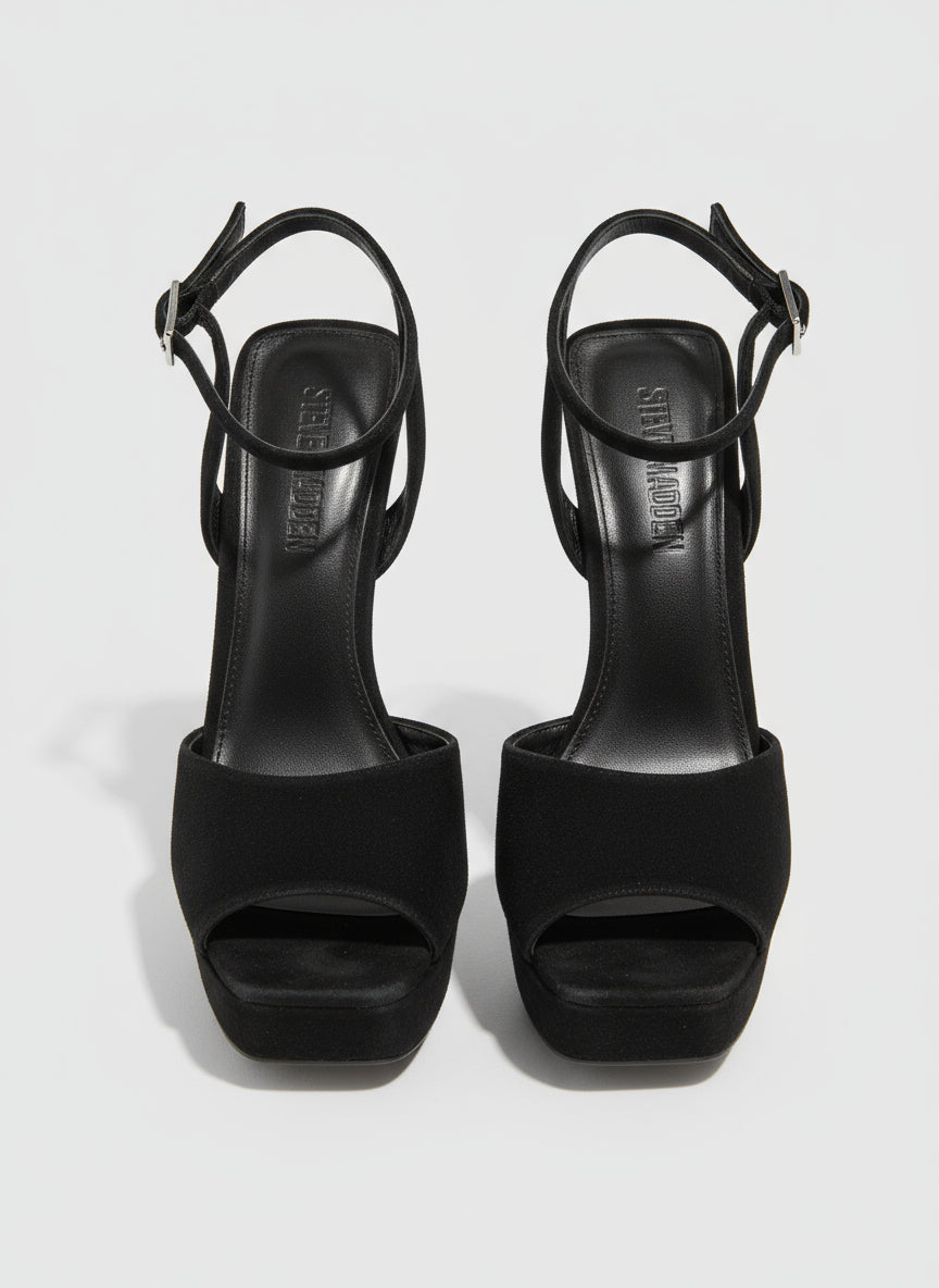 PRE-OWNED SIZE 7.5M Steve Madden Women’s Black Suede Strappy Heels Square Toe Ankle Strap