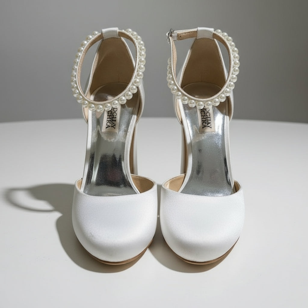 PRE-OWNED SIZE 9 Badgley Mischka White Satin Pearl Ankle Strap Heels Bridal Wedding Shoes