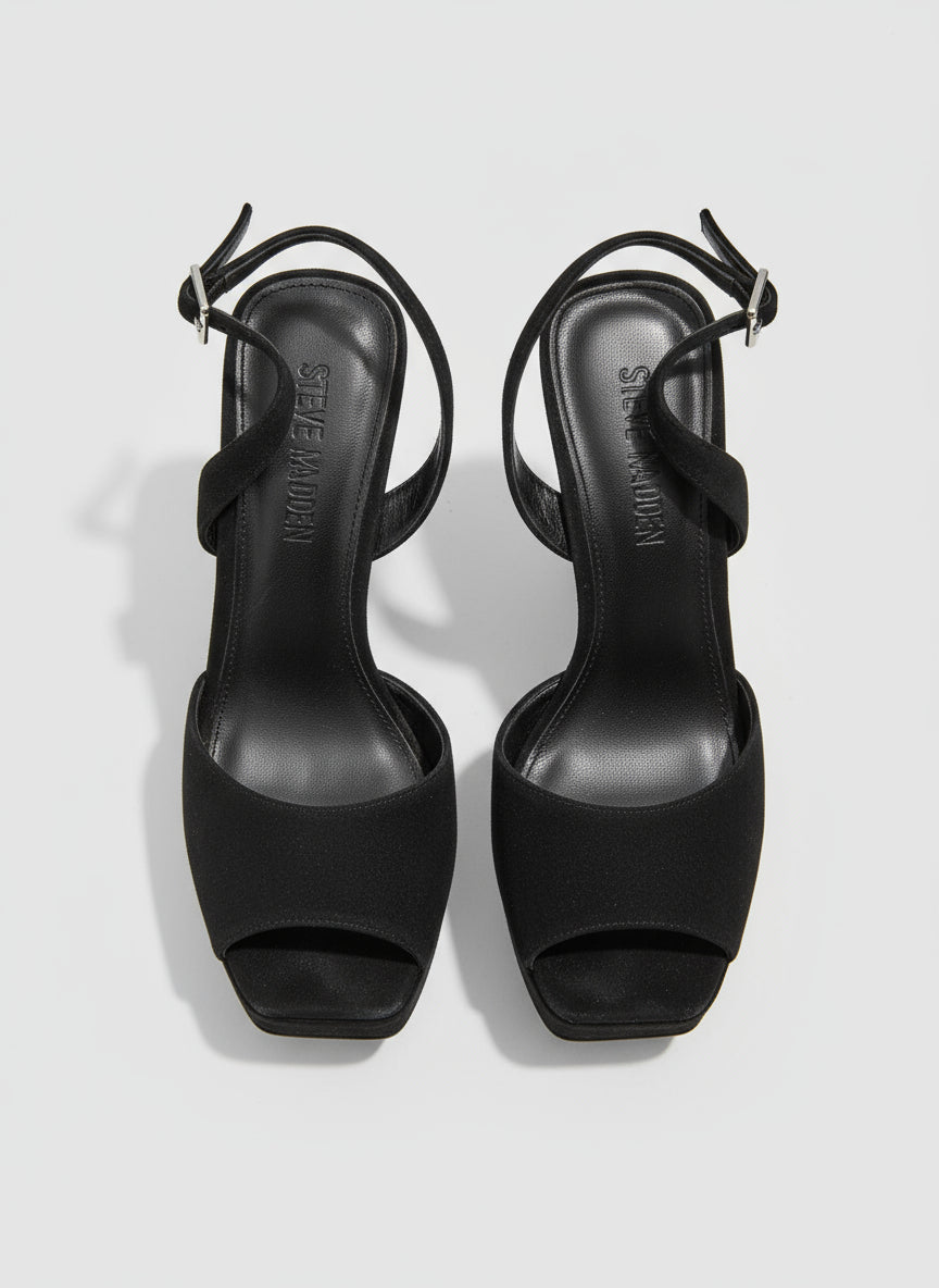 PRE-OWNED SIZE 7.5M Steve Madden Women’s Black Suede Strappy Heels Square Toe Ankle Strap