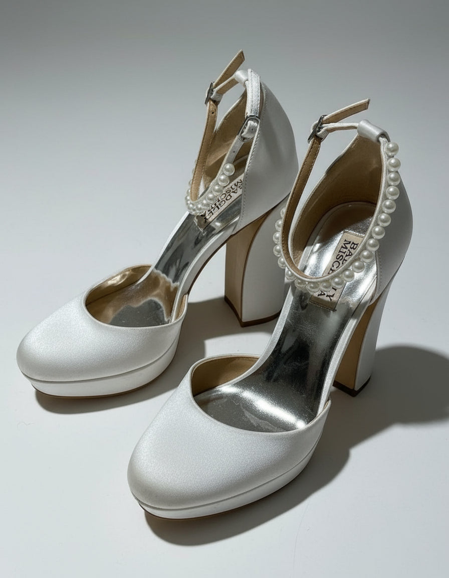 PRE-OWNED SIZE 9 Badgley Mischka White Satin Pearl Ankle Strap Heels Bridal Wedding Shoes