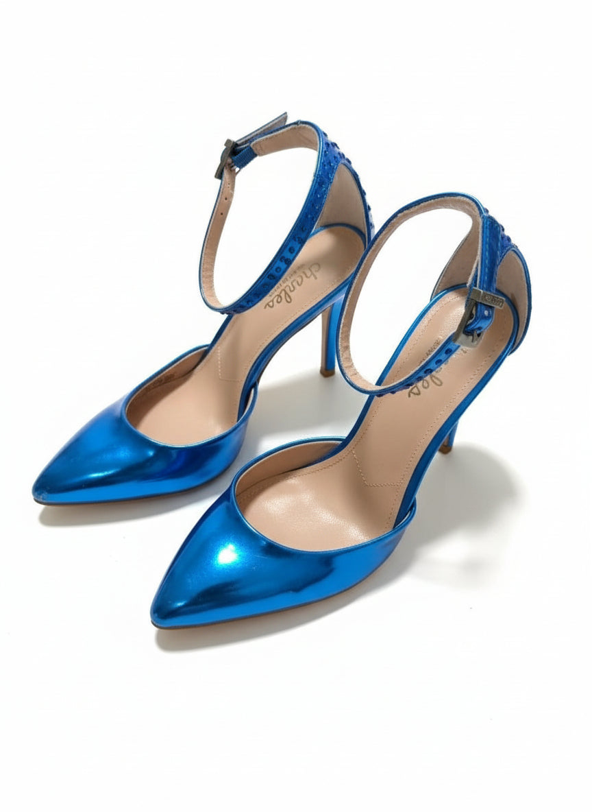 PRE-OWNED SIZZE 6.5M Charles by Charles David Poison Blue Metallic Rhinestone Ankle Strap Heels
