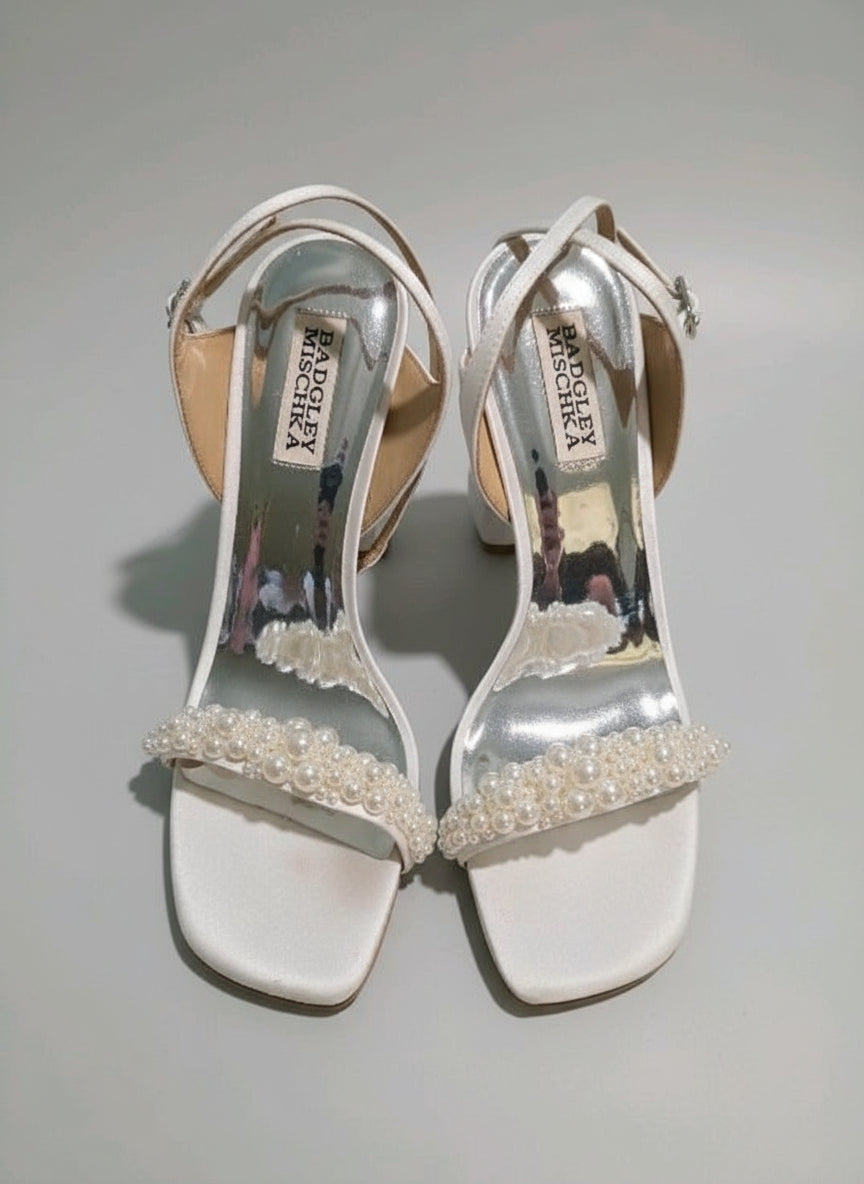 PRE-OWNED SIZE 7.5 Badgley Mischka Calida Satin Block Heel with Pearl