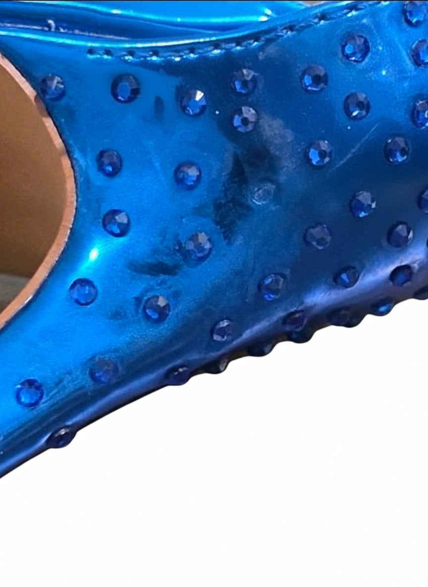 PRE-OWNED SIZZE 6.5M Charles by Charles David Poison Blue Metallic Rhinestone Ankle Strap Heels