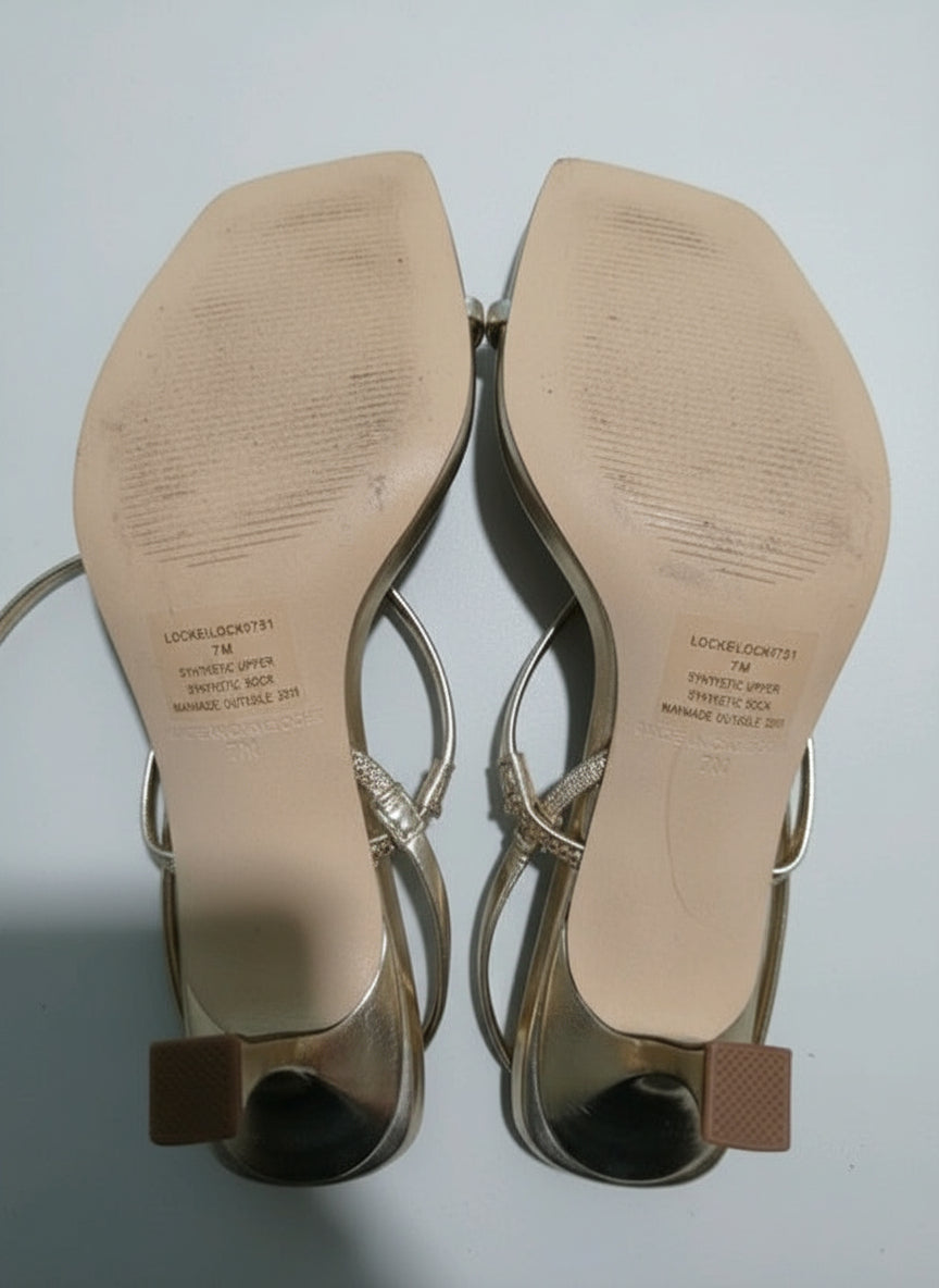 PRE-OWNED SIZE 7M Steve Madden Women’s Metallic Gold Strappy Heeled Sandals