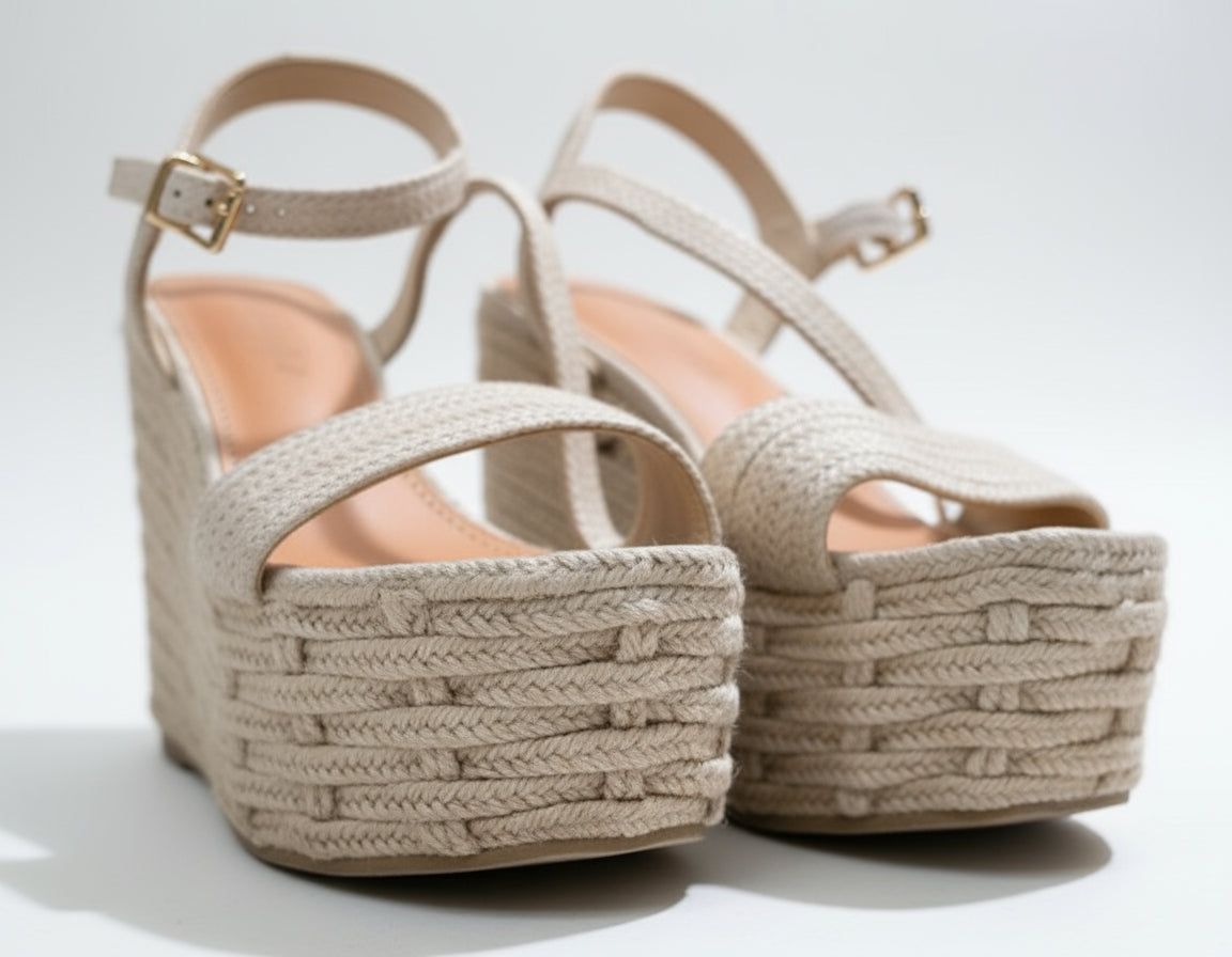 PRE-OWNED SIZE 8M Steve Madden Women’s Espadrille Platform Wedge Sandals Beige Ankle Strap