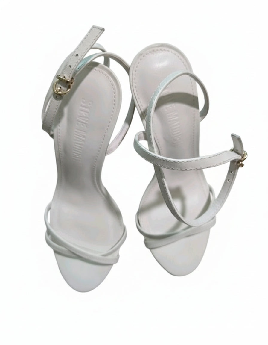 PRE-OWNED SIZE 5.5M Steve Madden White Strappy Ankle Strap Heeled Sandals
