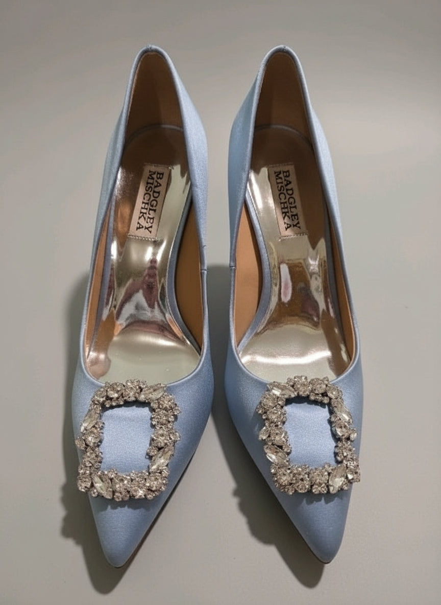 PRE-OWNED SIZE 7 Badgley Mischka Blue Satin Rhinestone Buckle Heels Pumps Bridal...