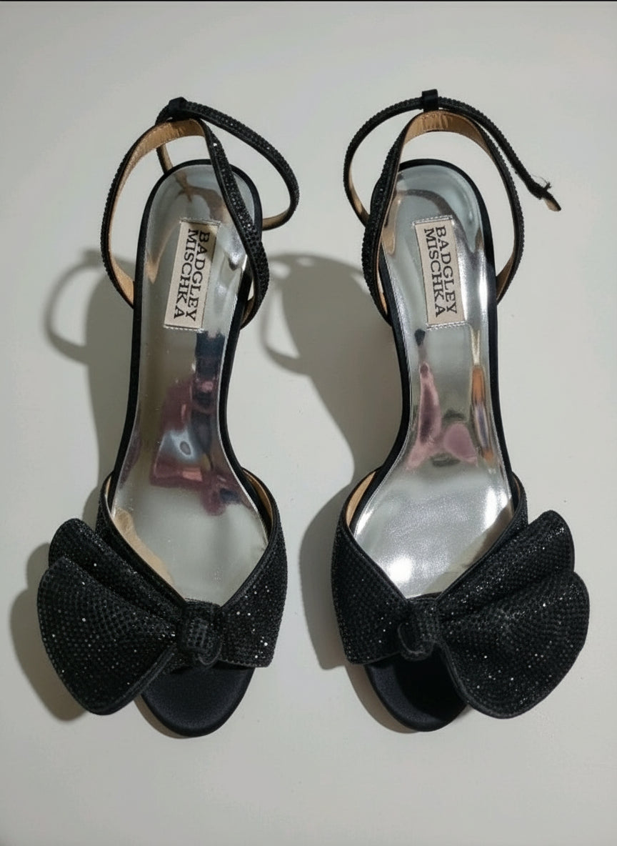 PRE-OWNED SIZE 8 Badgley Mischka Women’s Black Bow Crystal Ankle Strap Heels Evening...