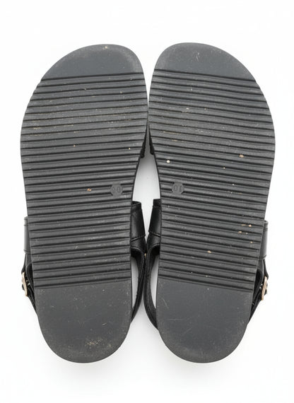PRE-OWNED SIZE 10M Steve Madden Mona Black Leather Strappy Sandals Gold Buckle Women’s