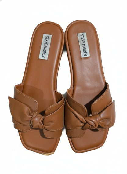PRE-OWNED SIZE 9 Steve Madden Brown Leather Bow Slide Sandals Women’s