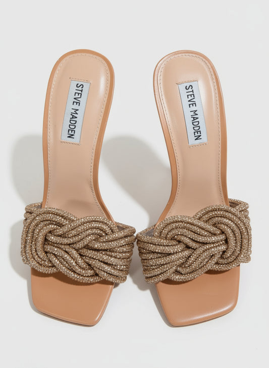 PRE-OWNED SIZE 8M Steve Madden Applaud Gold Rhinestone Braided Strap Heels Dress Sandals