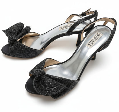 PRE-OWNED SIZE 8 Badgley Mischka Women’s Black Bow Crystal Ankle Strap Heels Evening...