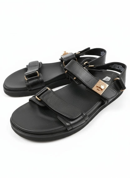 PRE-OWNED SIZE 10M Steve Madden Mona Black Leather Strappy Sandals Gold Buckle Women’s