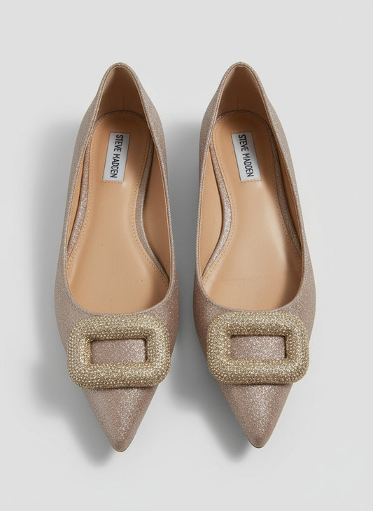 PRE-OWNED SIZE 8M Steve Madden Tink Flats Glitter Pointed Toe Jeweled Buckle Dress Shoes