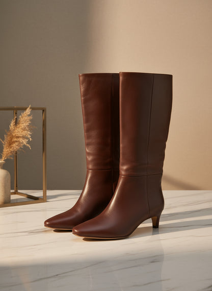 PRE-OWNED SIZE 6.5M Steve Madden Ally Calf High Boots Brown Leather Women’s  Kitten Heel