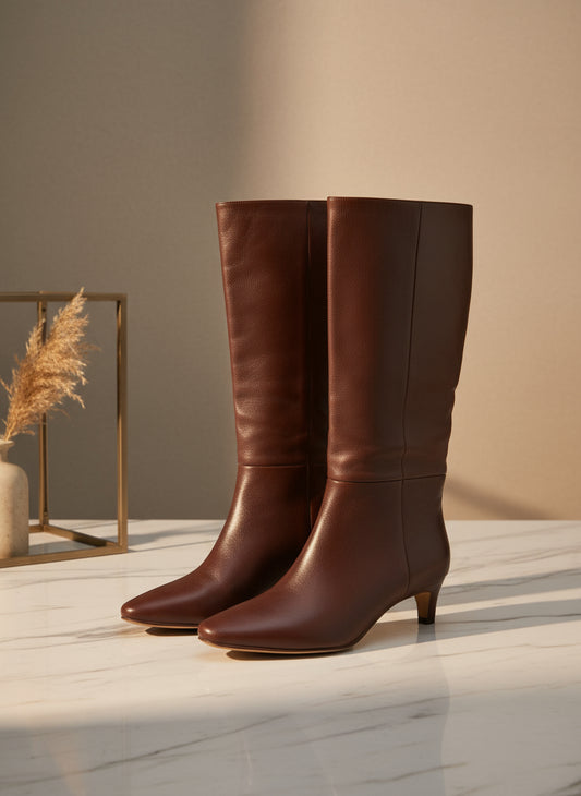 PRE-OWNED SIZE 6.5M Steve Madden Ally Calf High Boots Brown Leather Women’s  Kitten Heel