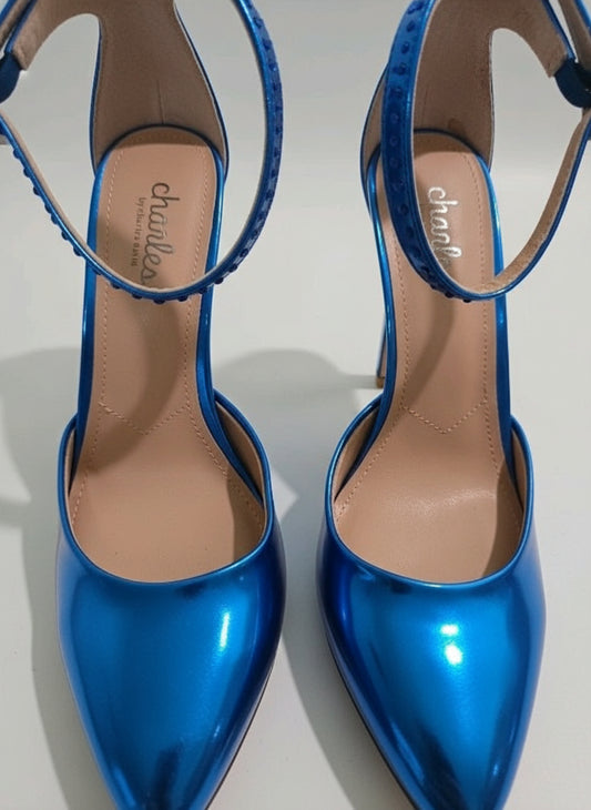 PRE-OWNED SIZZE 6.5M Charles by Charles David Poison Blue Metallic Rhinestone Ankle Strap Heels