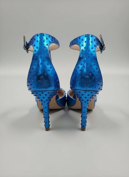 PRE-OWNED SIZZE 6.5M Charles by Charles David Poison Blue Metallic Rhinestone Ankle Strap Heels