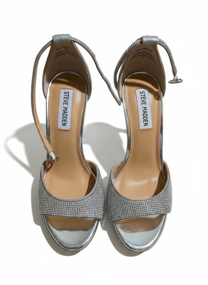 PRE-OWNED SIZE 8M Steve Madden Wiley Silver Rhinestone Ankle Strap Heels Wedding Prom