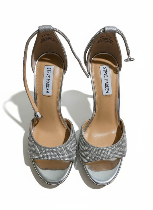 PRE-OWNED SIZE 8M Steve Madden Wiley Silver Rhinestone Ankle Strap Heels Wedding Prom