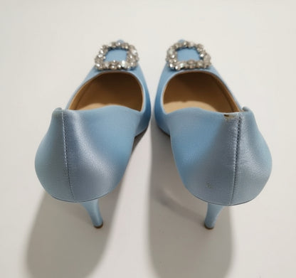PRE-OWNED SIZE 7 Badgley Mischka Blue Satin Rhinestone Buckle Heels Pumps Bridal...