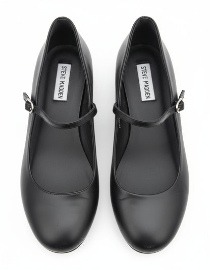 PRE-OWNED SIZE 7.5M Steve Madden Maple Mary Jane Flats Black Leather Square Toe