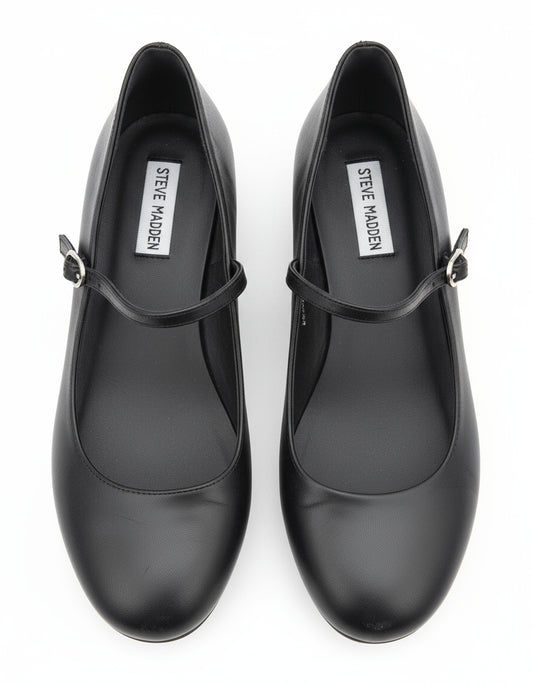 PRE-OWNED SIZE 7.5M Steve Madden Maple Mary Jane Flats Black Leather Square Toe