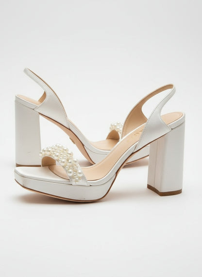 PRE-OWNED SIZE 7.5 Badgley Mischka Calida Satin Block Heel with Pearl