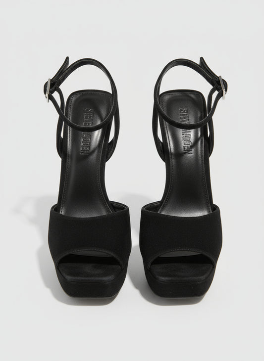 PRE-OWNED SIZE 7.5M Steve Madden Women’s Black Suede Strappy Heels Square Toe Ankle Strap