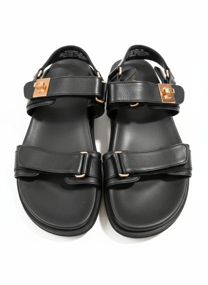 PRE-OWNED SIZE 10M Steve Madden Mona Black Leather Strappy Sandals Gold Buckle Women’s