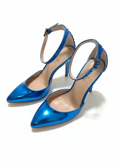 PRE-OWNED SIZZE 6.5M Charles by Charles David Poison Blue Metallic Rhinestone Ankle Strap Heels