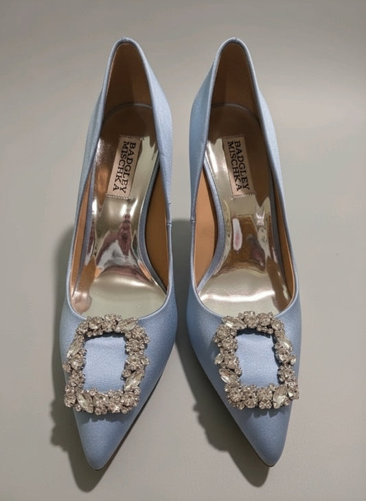 PRE-OWNED SIZE 7 Badgley Mischka Blue Satin Rhinestone Buckle Heels Pumps Bridal...