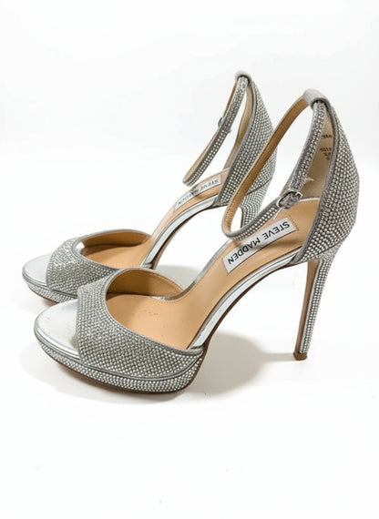 PRE-OWNED SIZE 8M Steve Madden Wiley Silver Rhinestone Ankle Strap Heels Wedding Prom