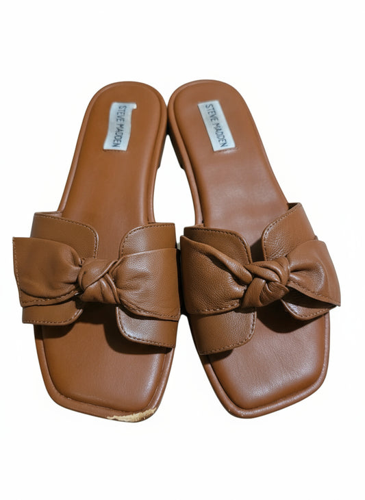 PRE-OWNED SIZE 9 Steve Madden Brown Leather Bow Slide Sandals Women’s